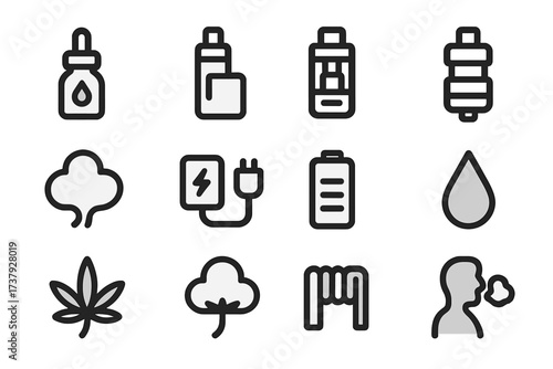Various icons representing vaping, cannabis products, and essential oils in a simple, minimalist style
