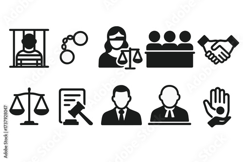Legal icons representing justice, courtroom activities, and law enforcement in black silhouette style