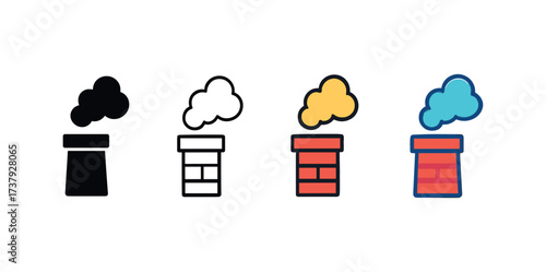 Vector icon chimney smoke same pose same proportions four styles black solid glyph outline minimal flat multicolor filled cartoon flat shaded.