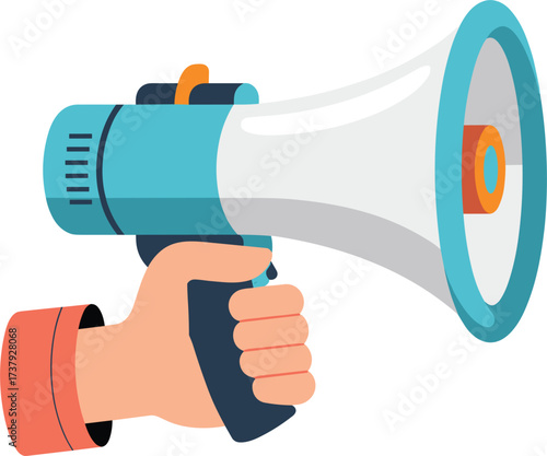 Hand holding a blue and white megaphone on white background bullhorn loudspeaker