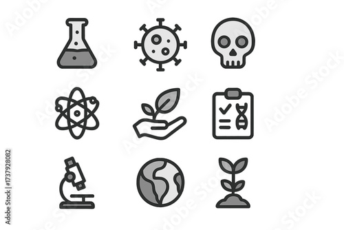 Icons representing themes in science, health, and the environment featuring symbols of biology, chemistry, and sustainability