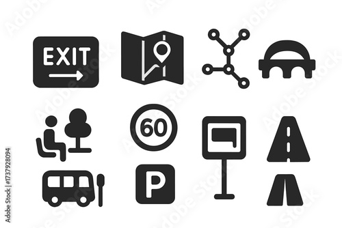 Various black and white icons representing transportation, navigation, and urban elements found in a city setting
