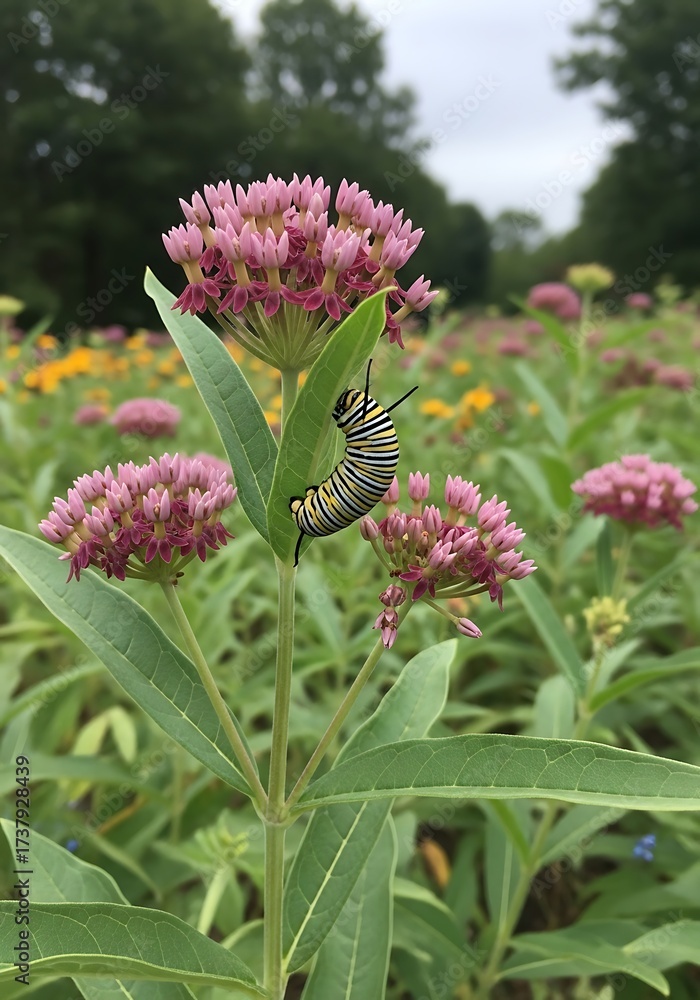 Obraz premium Monarch caterpillar feasting on vibrant milkweed blossoms in a colorful meadow environment