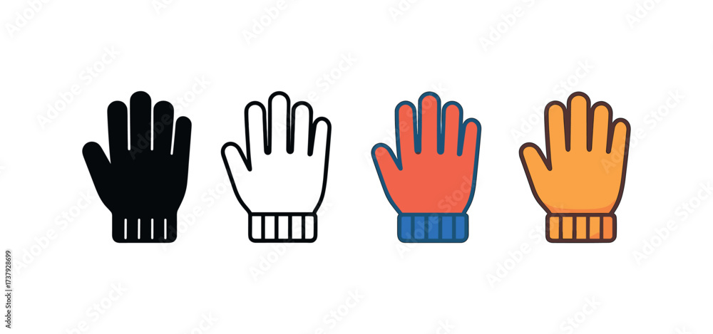 Fototapeta premium Vector icon woolen gloves same pose same proportions four styles black solid glyph outline minimal flat multicolor filled cartoon flat shaded.
