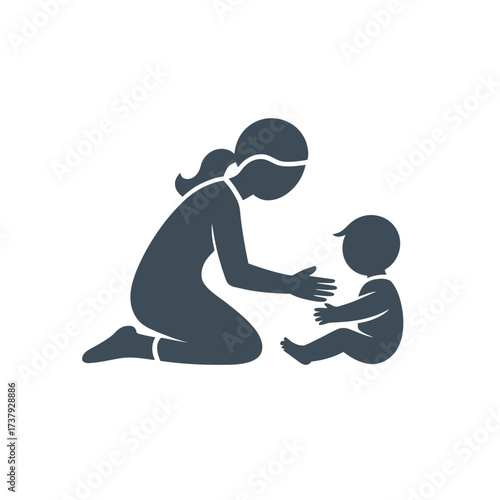 A mother is playing with her baby the mother is kneeling and reaching out to the baby who is sitting