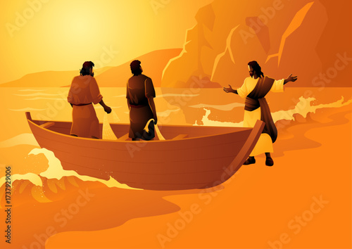 Biblical vector illustration series, Jesus Calling His First Disciples Peter and Andrew. Biblical Illustration of Fishermen and Boat at Sunrise