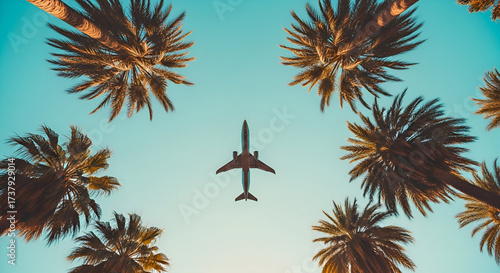 Low-Angle View of a Jet Airplane Soaring Between Converging Palm Trees Against a Clear Retro Sky