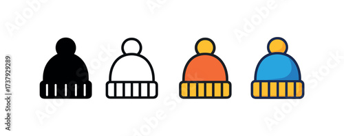 Vector icon knit cap with pompom same pose same proportions four styles black solid glyph outline minimal flat multicolor filled cartoon flat shaded.