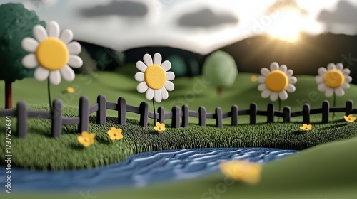 Whimsical 3D Render of Cartoon Daisies and Creek at Sunset
