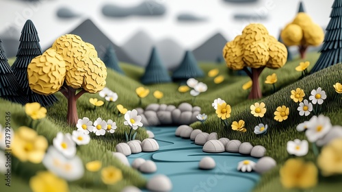 Whimsical 3D Render of a Serene Landscape with Yellow and White Flowers