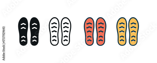 Vector icon snow tracks same pose same proportions four styles black solid glyph outline minimal flat multicolor filled cartoon flat shaded.