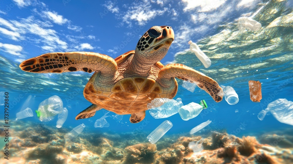 Obraz premium Sea turtle surrounded by plastic waste in the ocean.