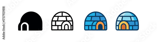 Vector icon snow hut same pose same proportions four styles black solid glyph outline minimal flat multicolor filled cartoon flat shaded.