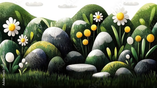 Whimsical Landscape Illustration with Green Hills, Stones, and Daisies