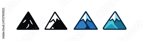 Vector icon icy mountain peak same pose same proportions four styles black solid glyph outline minimal flat multicolor filled cartoon flat shaded.