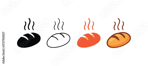 Vector icon hot baked bread same pose same proportions four styles black solid glyph outline minimal flat multicolor filled cartoon flat shaded.
