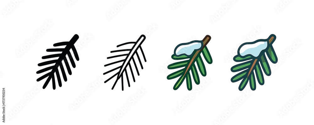 Fototapeta premium Vector icon frosty pine branch same pose same proportions four styles black solid glyph outline minimal flat multicolor filled cartoon flat shaded.