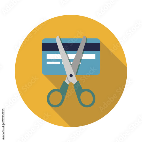 flat design icon of scissors cutting credit card on yellow circle background, symbolizing debt reduction, cancellation or financial control