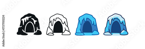 Vector icon cave entrance same pose same proportions four styles black solid glyph outline minimal flat multicolor filled cartoon flat shaded.