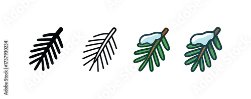 Vector icon frosty pine branch same pose same proportions four styles black solid glyph outline minimal flat multicolor filled cartoon flat shaded.