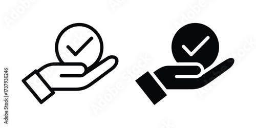 approval icons with stylized hand holding check mark circle, outlined and solid versions for validation, confirmation or selection concepts