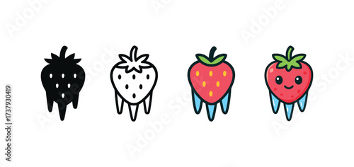 Vector icon icy fruit same pose same proportions four styles black solid glyph outline minimal flat multicolor filled cartoon flat shaded.