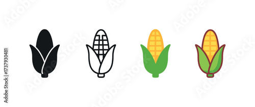 Vector icon roasted corn cob same pose same proportions four styles black solid glyph outline minimal flat multicolor filled cartoon flat shaded.