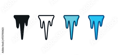 Vector icon icicle stalactite same pose same proportions four styles black solid glyph outline minimal flat multicolor filled cartoon flat shaded.