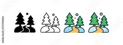 Vector icon snowy forest path same pose same proportions four styles black solid glyph outline minimal flat multicolor filled cartoon flat shaded.