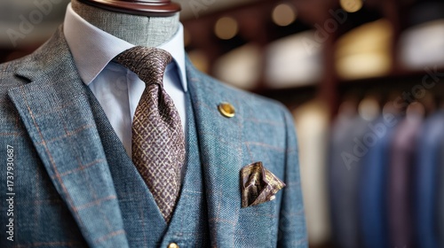 Elegant men's tailored suit with a checkered blazer, classic dress shirt, patterned tie, and pocket square, displayed on a mannequin in a formal fashion store setting