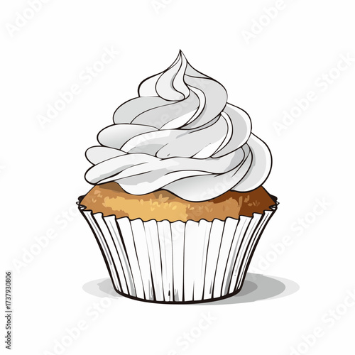 A classic vanilla cupcake with a generous swirl of white frosting, depicted in a clean illustrative style on a white background.