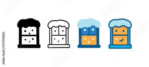 Vector icon snow covered window same pose same proportions four styles black solid glyph outline minimal flat multicolor filled cartoon flat shaded.