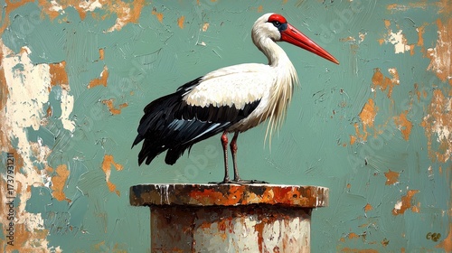 White Stork on Rusty Cylinder Against Weathered Teal Wall