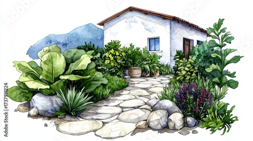White Stucco House in Lush Garden with Stone Pathway Watercolor Illustration