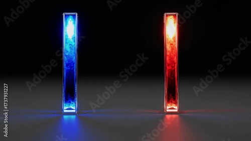Wallpaper Mural A striking visual contrast between two glowing vertical pillars, one illuminated in vibrant blue and the other in intense red, creating a captivating and dynamic interplay of light. Torontodigital.ca