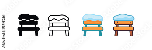 Vector icon snow covered park bench same pose same proportions four styles black solid glyph outline minimal flat multicolor filled cartoon flat shaded.
