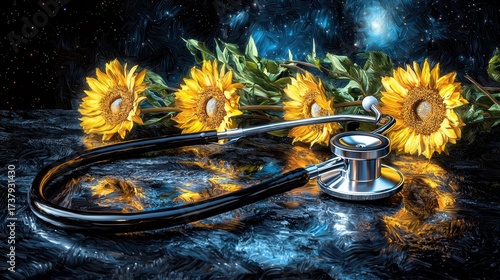Wilting Sunflowers and Stethoscope Under a Starry Night Sky