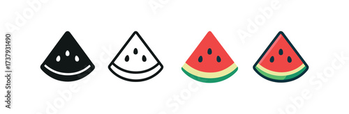 Vector icon watermelon slice same pose same proportions four styles black solid glyph outline minimal flat multicolor filled cartoon flat shaded.