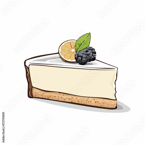 Delicious slice of cheesecake with lemon, blackberry, and mint leaf illustration.
