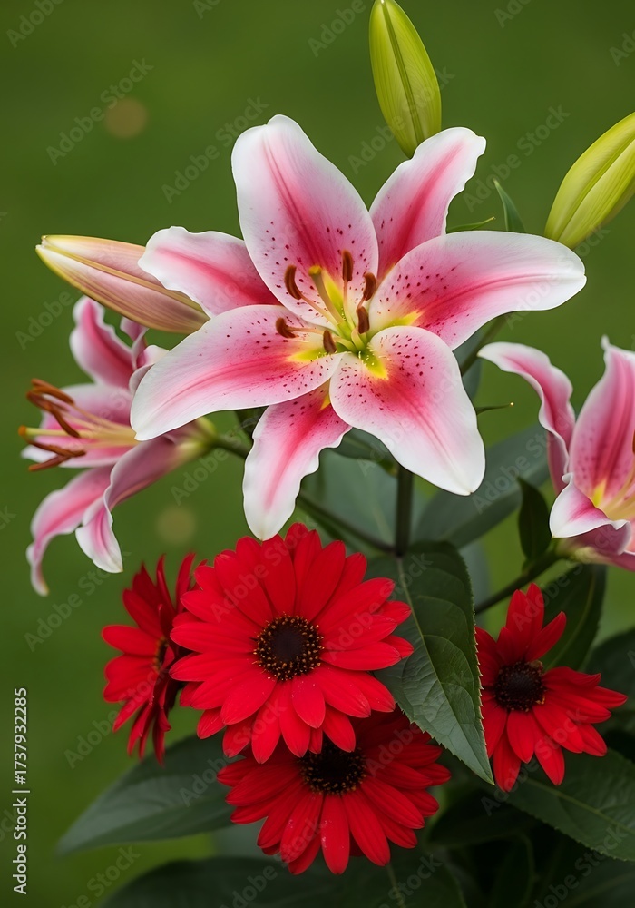 Fototapeta premium Vibrant floral arrangement featuring pink lilies and deep red gerbera daisies against verdant backdrop