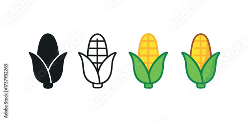 Vector icon corn cob same pose same proportions four styles black solid glyph outline minimal flat multicolor filled cartoon flat shaded.