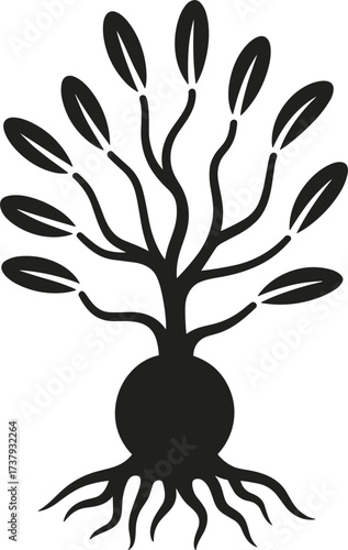 Stylized Black Silhouette of a Tree with Roots and Leaves icon