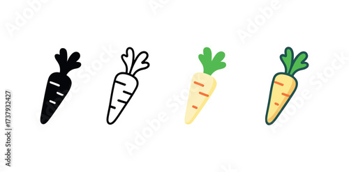 Vector icon horseradish same pose same proportions four styles black solid glyph outline minimal flat multicolor filled cartoon flat shaded.