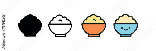 Vector icon rice bowl same pose same proportions four styles black solid glyph outline minimal flat multicolor filled cartoon flat shaded.