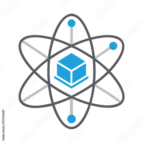 Abstract atomic structure with central cube and orbiting electrons