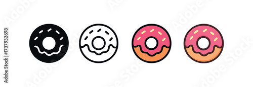 Vector icon donut same pose same proportions four styles black solid glyph outline minimal flat multicolor filled cartoon flat shaded.
