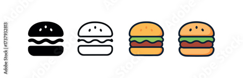 Vector icon hamburger same pose same proportions four styles black solid glyph outline minimal flat multicolor filled cartoon flat shaded.
