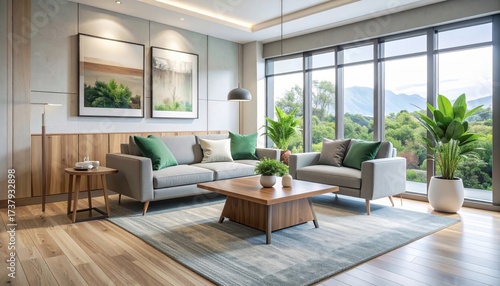 Wallpaper Mural Modern interior design features a spacious living room with a natural daylight, grey sofa, accent chairs, stylish coffee table, and greenery. Torontodigital.ca