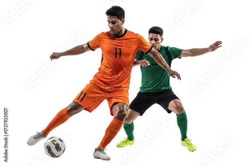 Male soccer player in an orange jersey dribbling past a defender in green