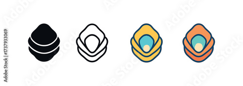 Vector icon oyster same pose same proportions four styles black solid glyph outline minimal flat multicolor filled cartoon flat shaded.